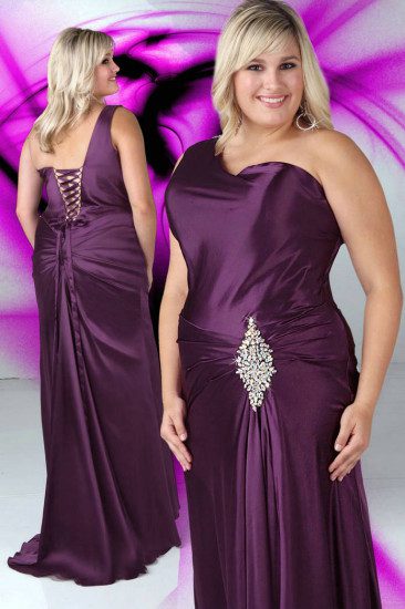 Lace Ups One Shoulder Beaded Floor Length Ruched Purple Plus Size Long Dresses
