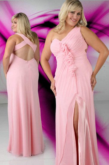 Slits One Shoulder V Neck Sweetheart Ruched Long Pink Plus Size Long Dresses